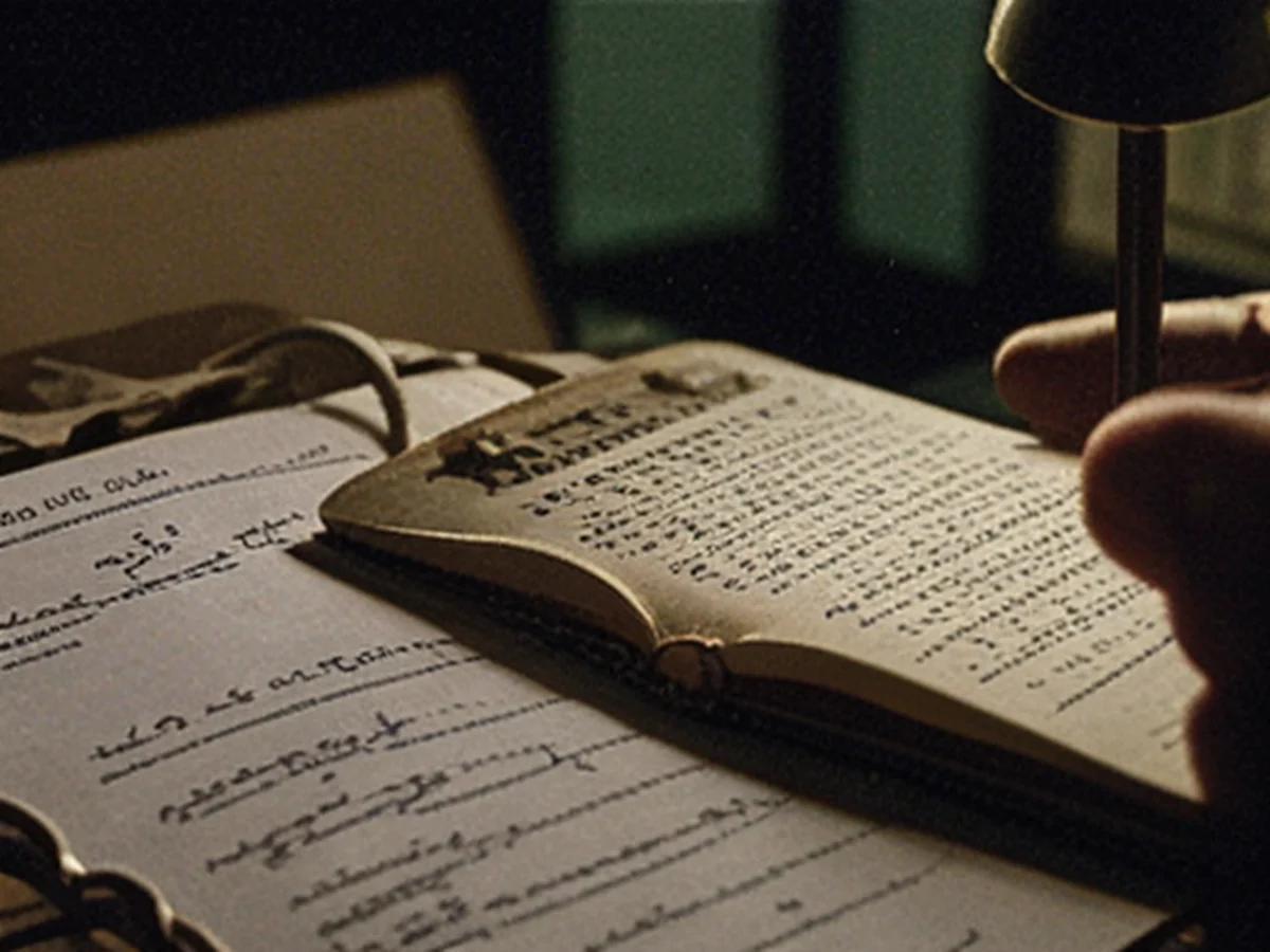 An indoor scene of an idol sitting with their hand touching a notebook placed on a trash can, the glow of a phone reflecting in the dark.