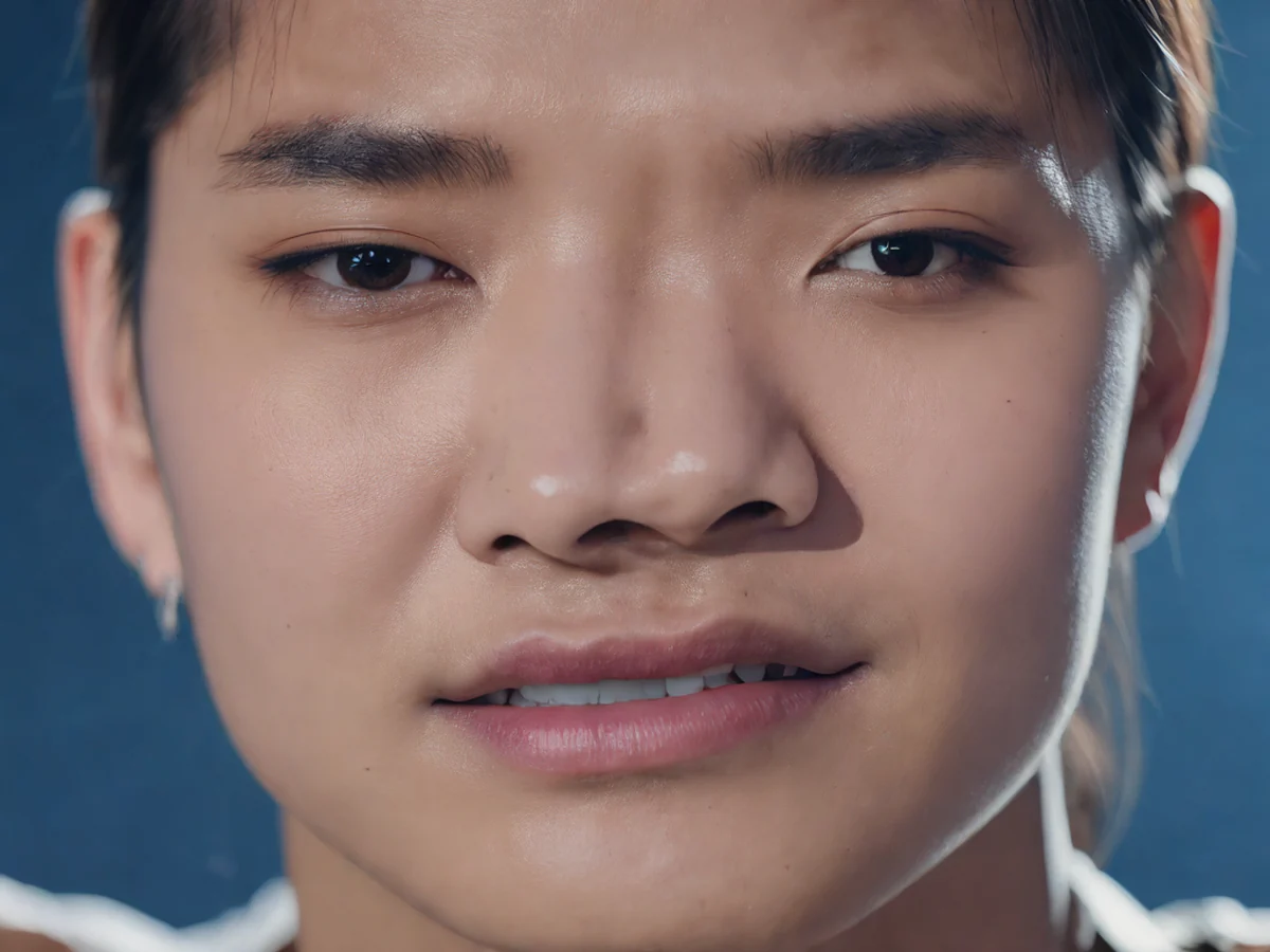 Close-up of a K-pop dancer's face showcasing perfect emotional expression and intricate choreography on stage