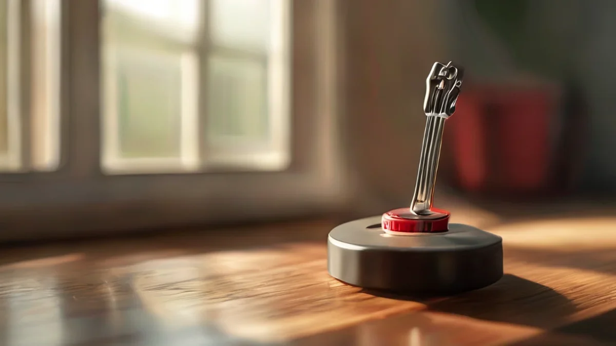 Small round guitar tuner with knob and tuning fork shape