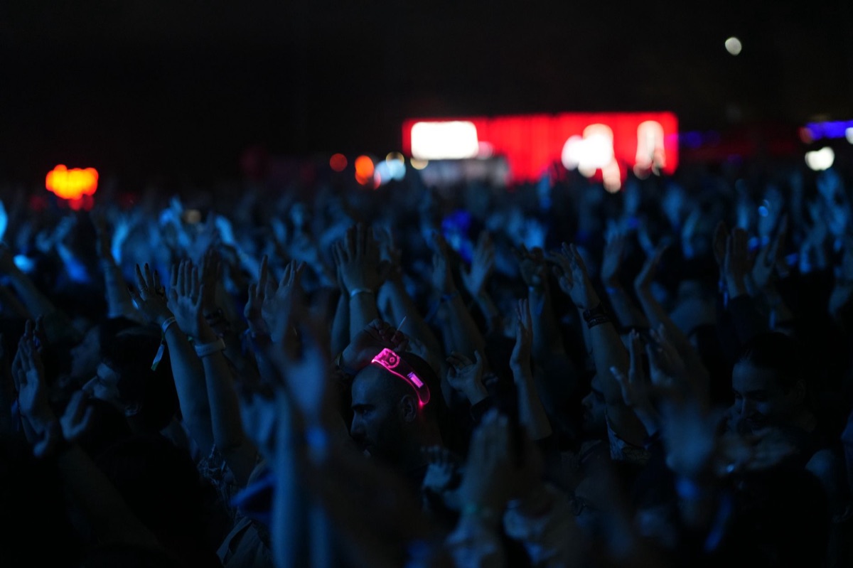 Folla di fan con lightstick luminosi durante un concerto K-pop