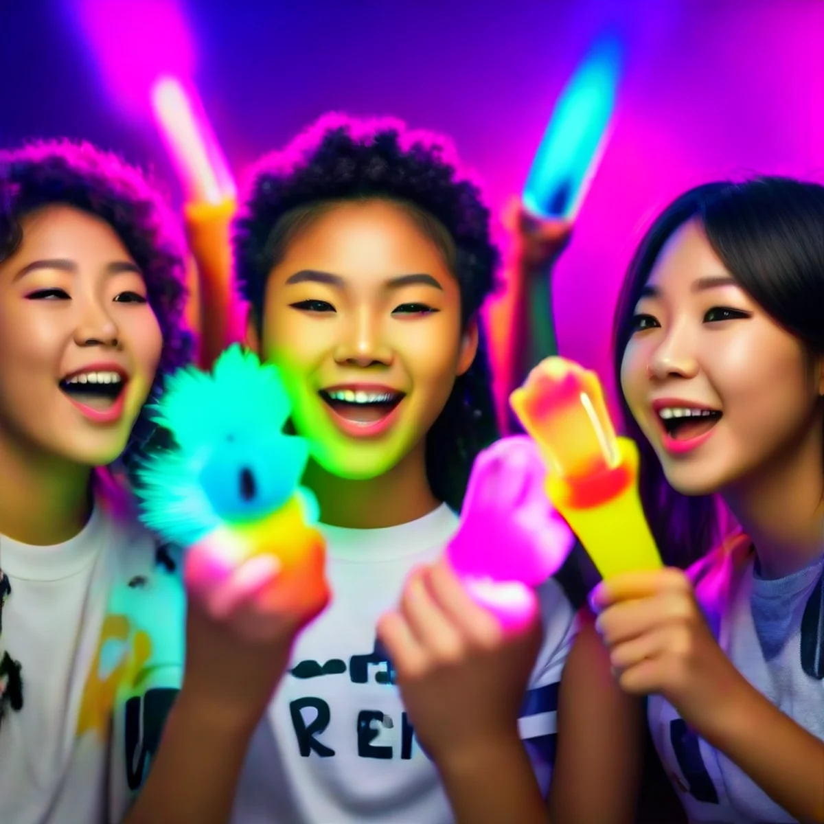 Fãs jovens e diversos celebrando juntos com acessórios de K-pop em um momento de conexão emocional.