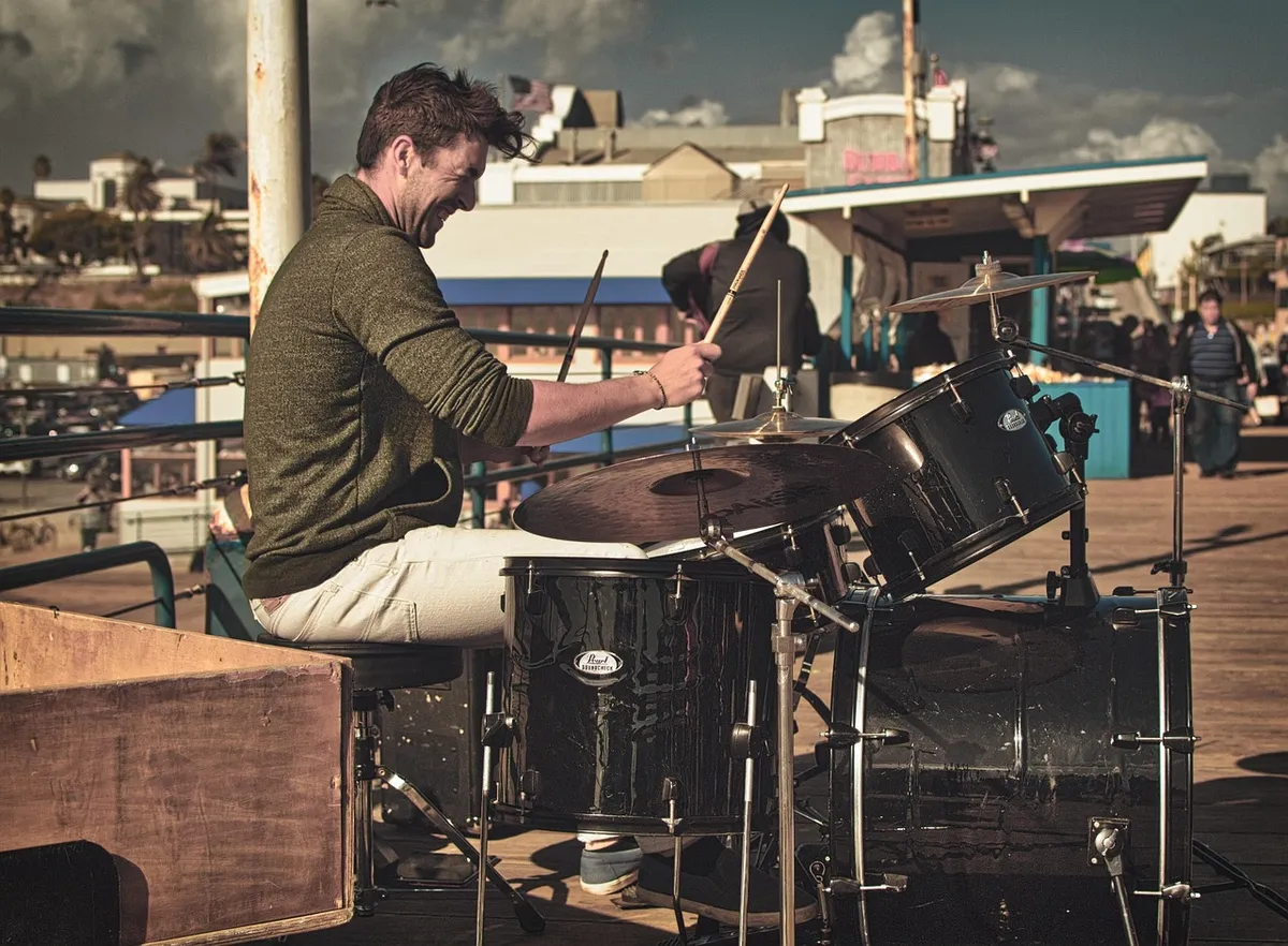 street artists, musician, drums, artist, instrument, street artist, musical instrument, man, pier, santa monica, musical instruments, music, drummer, excited, d
