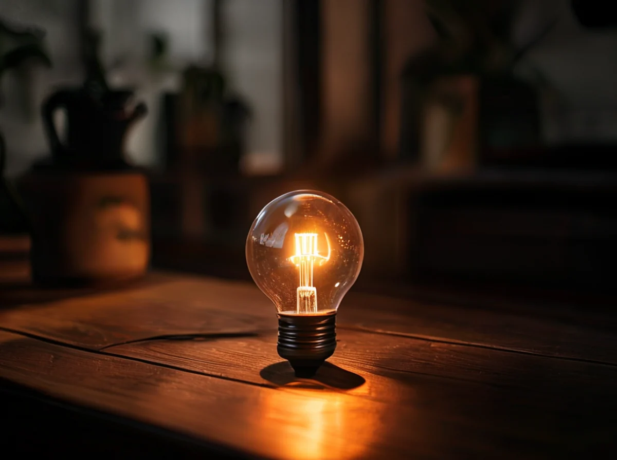 Een lampje brandt op de tafel.